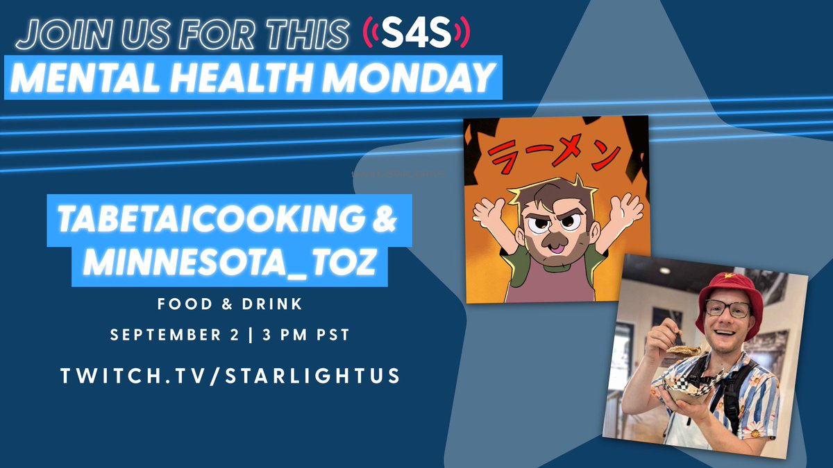 StarlightUS's tweet image. We asked our #S4S family how they combat fundraiser burnout during long campaigns. You know what they said?

🌟 Drink water.
🌟 Eat food.
🌟 Take breaks.

So, every Mon. in Sept we invite you to do just that. Take the night off. Tune into twitch.tv/starlightus and relax with us…