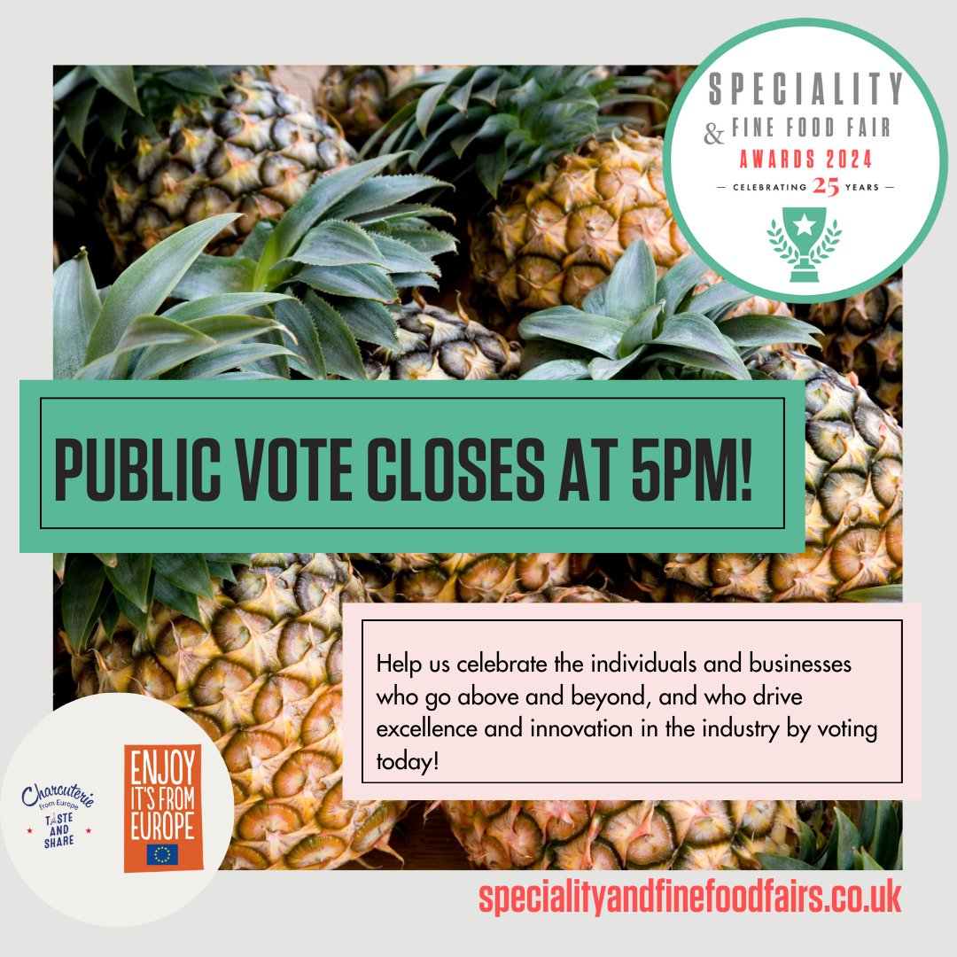 🏆 The Speciality &amp; Fine Food Fair Awards public vote closes at 5PM! Support the industry and help crown our winners. Vote here: eu1.hubs.ly/H0c2Kv80 #SFFF24 #VoteNow #SupportLocal #25YearsofSFFF