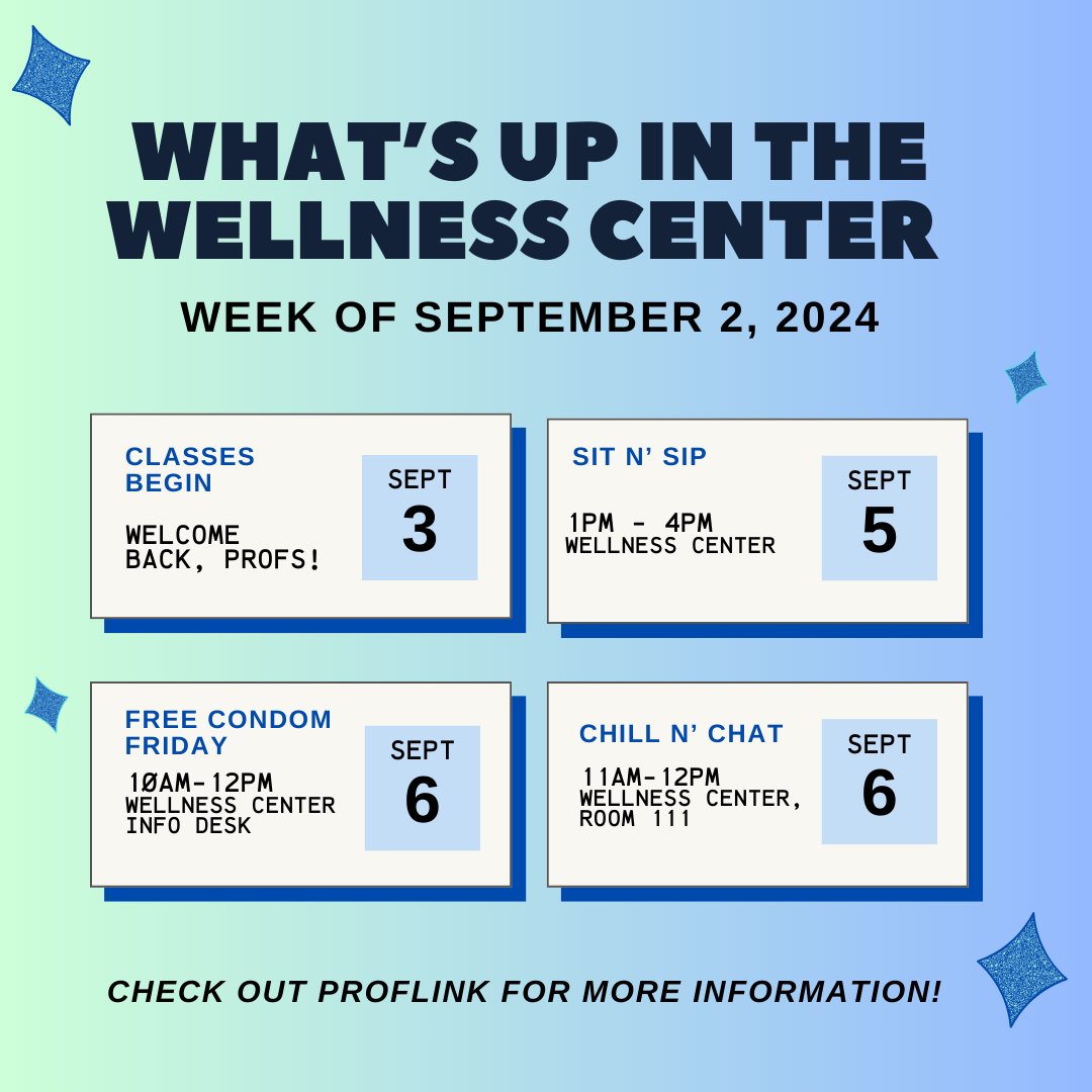 Welcome back, Profs! Here's a snapshot of Wellness Center events happening on campus the week of September 2nd. Make sure to follow our organization on Proflink for even more events and resources throughout the semester!