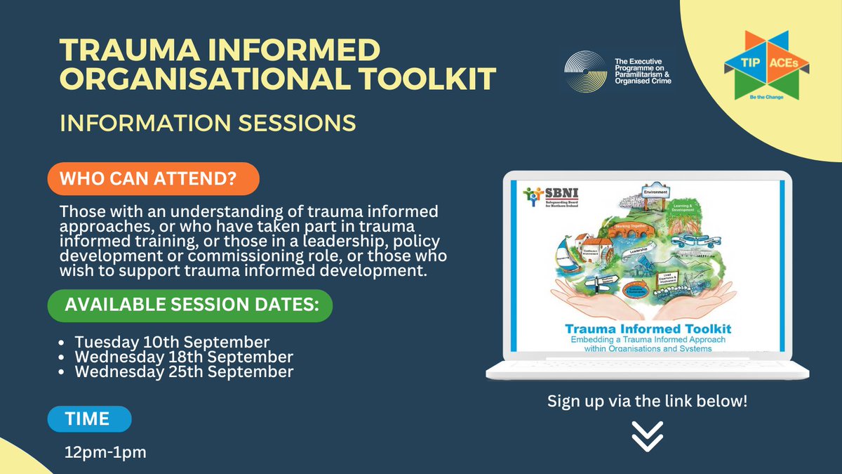 ➡️Opportunity for #ControlledSchools interested in pursuing a trauma informed approach to organisational development. 

🗓️<a href="/safeguardingni/">Safeguarding Board for Northern Ireland</a> is holding an online information session on 10/18 &amp; 25 September 12-1pm

✍️Register attendance bit.ly/3ySSaD1

#OpenToAll