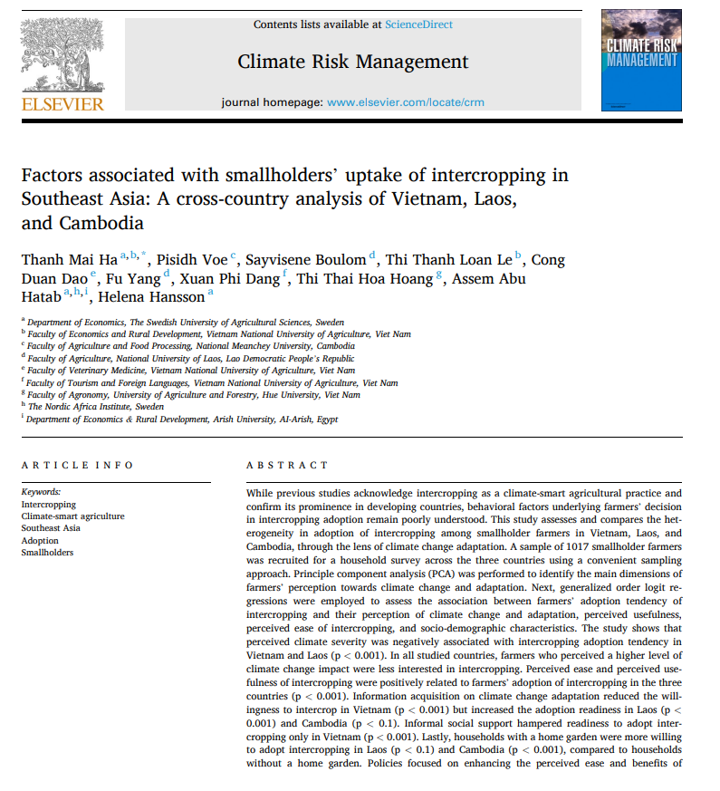 Check out our new article on factors influencing smallholder farmers' adoption of intercropping as a climate-smart agricultural practice in Southeast Asia! doi.org/10.1016/j.crm.… @slu_ekonomi <a href="/NordicAfrica/">Nordic Africa Institute</a>