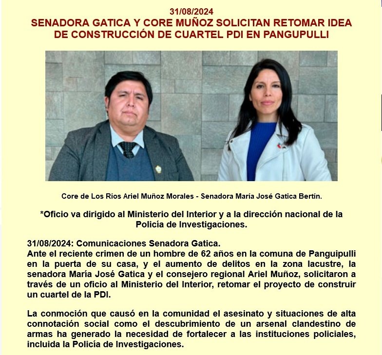 Retomar proyecto de cuartel PDI en #panguipui es urgente ante aumento de delitos. Panguipulli necesita recuperar la seguridad y voluntad politica para avanzar en este camino. <a href="/min_interior/">Ministerio del Interior</a> <a href="/arielpangui/">Core Ariel Muñoz</a>