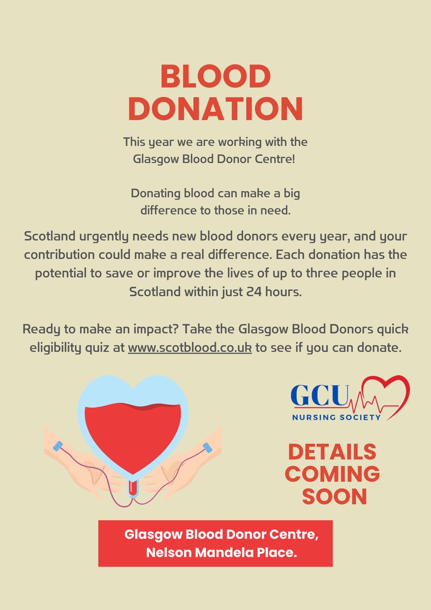 What if you could help save a life by donating blood? 

This year we are working in partnership with Glasgow blood donors centre in Nelson Mandela Place. 

We will be adding details shortly so that all members that wish to support can do so on a day for the society members only.