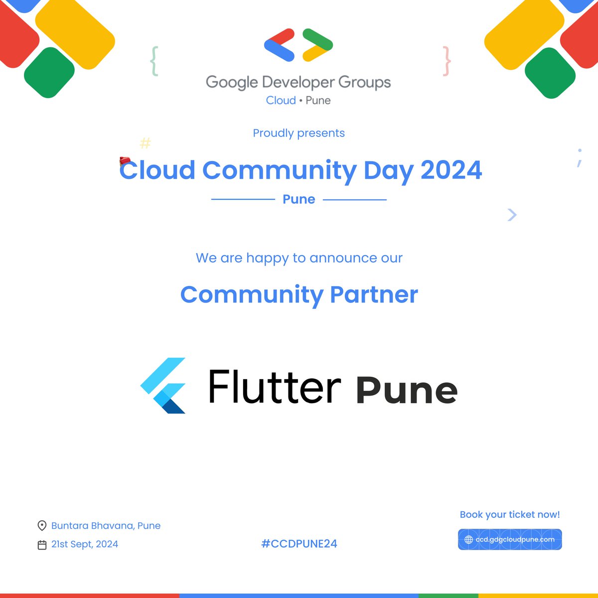 gdgcloudpune's tweet image. We're excited to announce @flutterpune as a community partner for Google Cloud Community Day Pune 2024!
Together, we’ll enhance the cloud journey and inspire innovation.
#GCCDPune2024 #GDGCloudPune #CCD2024 #Event #Meetup