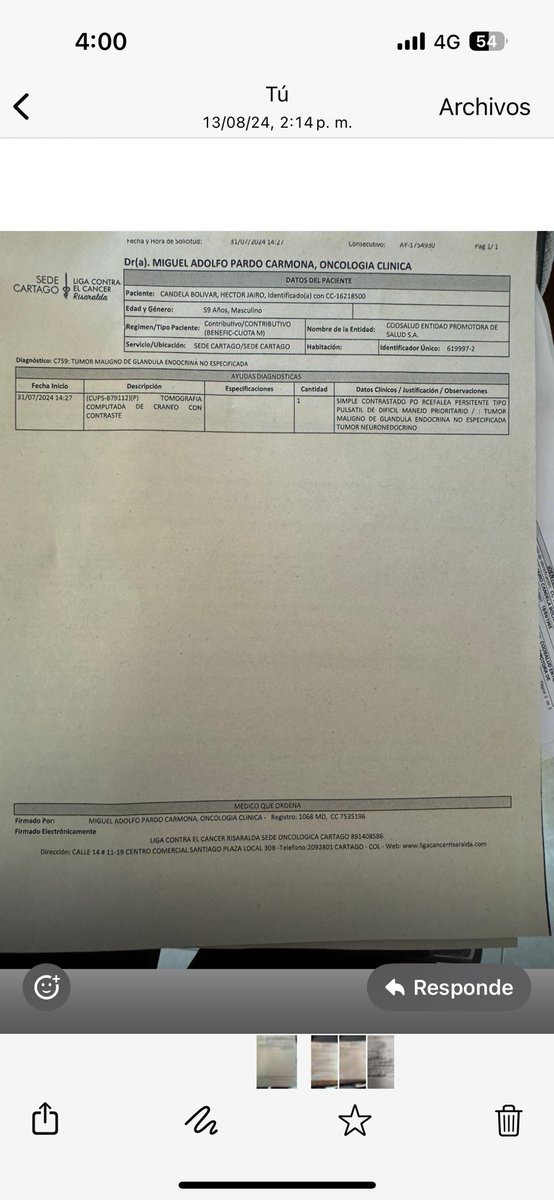 ManuelaCandel10's tweet photo. Mi papá tienetumormaligno de glándula endrocrina y presenta dolores a de cabeza seguido el control le mandan un tac desde el 31juilio y nos envían a Cali @Supersalud @Coosalud_  y es imposible la comunicación para una cita, somos de Cartago y dicen que es presencial @MinSaludCol https://t.co/enleW23TNj