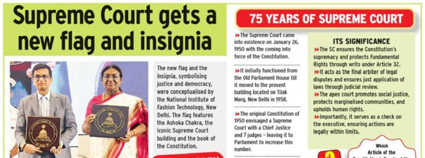 TOIStudent's tweet photo. Supreme Court gets a new flag and insignia. Read today’s TOI Student edition to know about 75 years long journey of the Supreme Court

#learnwithtoistudent #education #students #Supremecourt #75years https://t.co/4LZ9bc3vQx