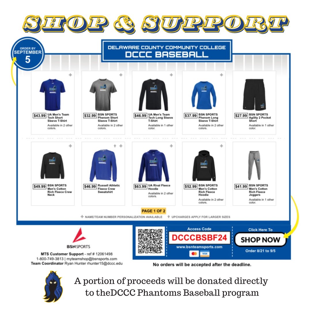 DCCC_Baseball's tweet photo. The DCCC Baseball Team Store is now open, but it will only be available until September 5th! A portion of all proceeds goes directly to our baseball team, helping us continue to compete and grow. Gear up! #DCCCBaseball #SupportTheTeam #PhantomsFamily
https://t.co/zb4B6PRknB https://t.co/uR5Vc2Q6jX