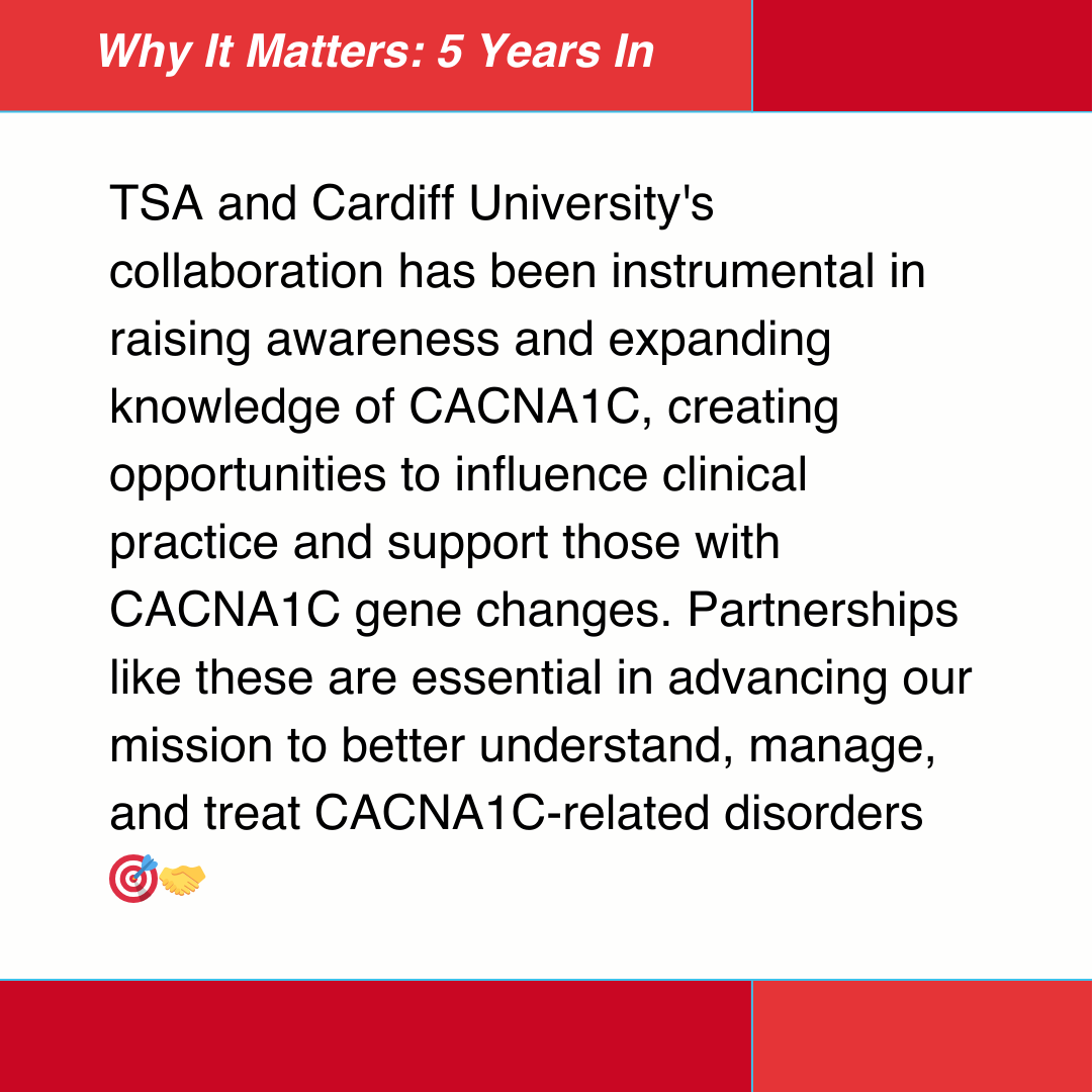 tsa_charity's tweet image. Partnerships like these are essential in advancing our mission to better understand, manage, and treat CACNA1C-related disorders 🎯 🤝 #CACNA1C #5YearsOfImpact #Collaboration #RareDiseases #Advocacy #Research