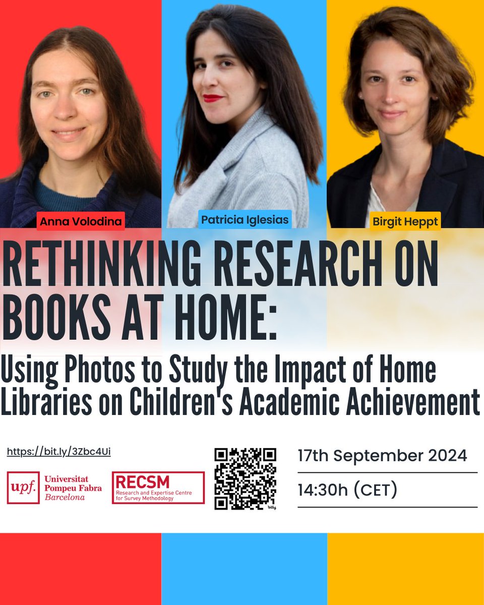 RECSM_UPF's tweet photo. 📚 Exciting Webinar on Sept 17! Discover how photos of home libraries can reveal insights into children's academic success. Featuring experts Patricia Iglesias, Anna Volodina, &amp; Birgit Heppt. Don't miss out! 📷 14:30 CET https://t.co/t7jq8MVDLv
#Webinar #EducationResearch https://t.co/l2P8Vlw6cU