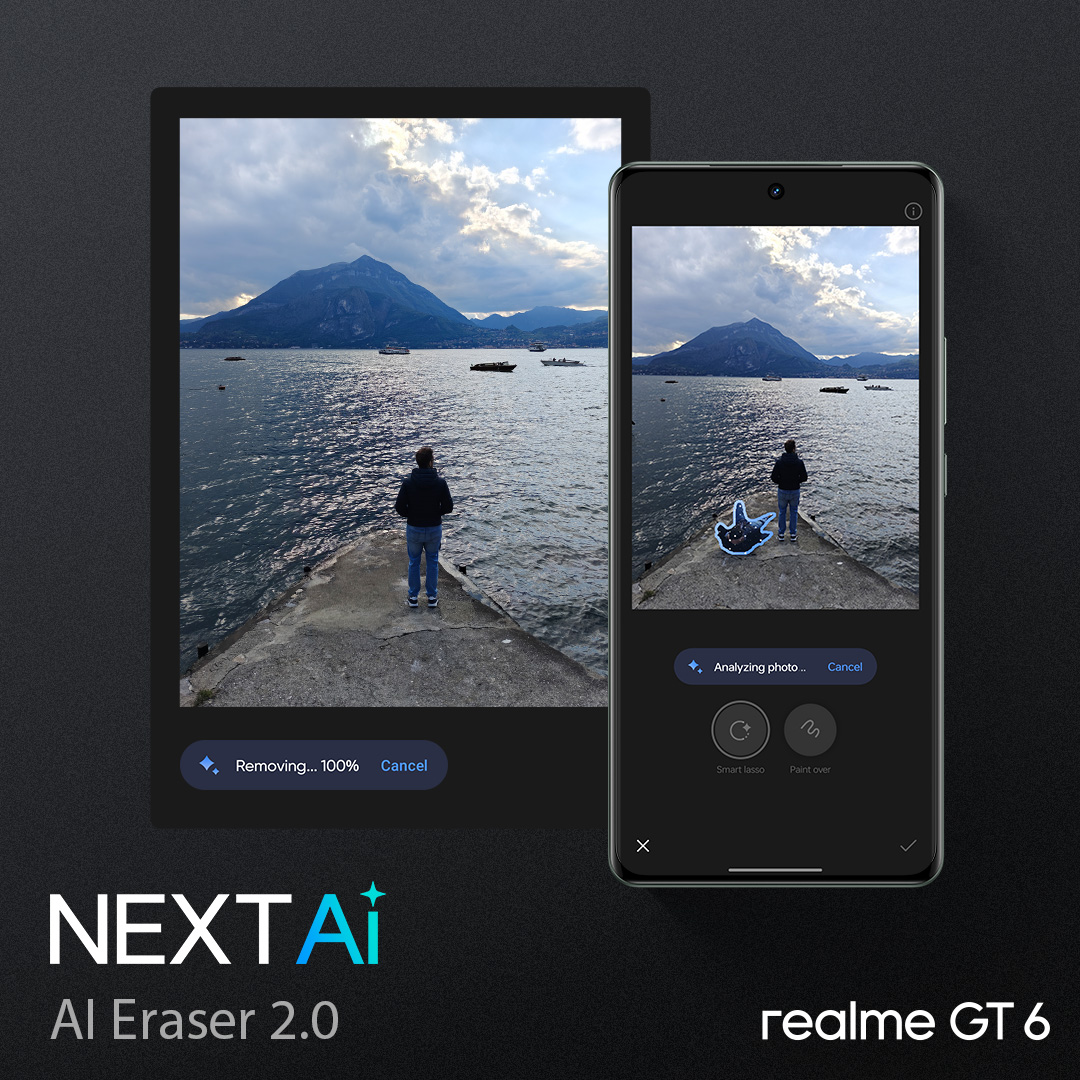 realmepolska's tweet photo. Zaufaj AI Eraser 2.0– twojemu osobistemu asystentowi do retuszu 🤖🎨.#realmeGT6 #GTisBACK #FlagshipKiller https://t.co/E5NgGFofPE