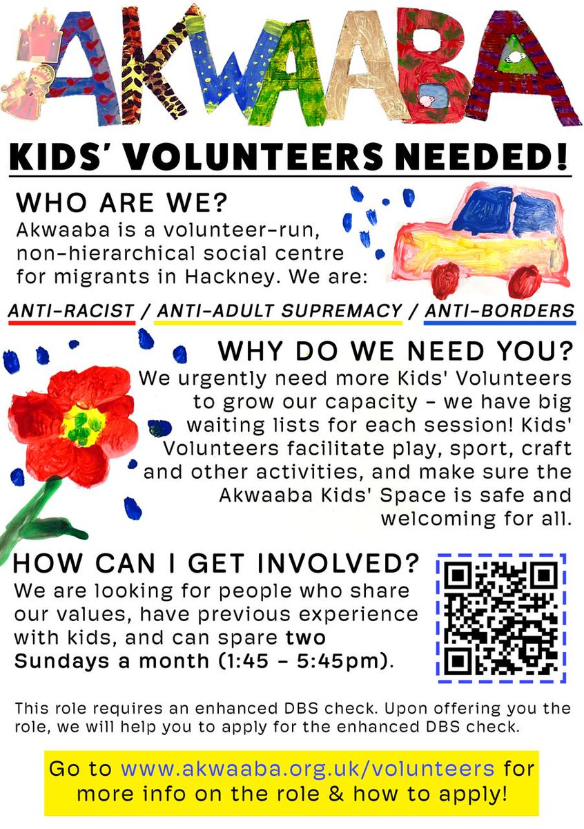 Pls share to support our Kids Volunteer recruitment drive! We want enough volunteers to 1) cut wait lists - our free sessions book out in &lt;30mins! 2) free up volunteers w SEN experience for 1:1 support for kids who need it 3) reopen our library akwaaba.org.uk/volunteers