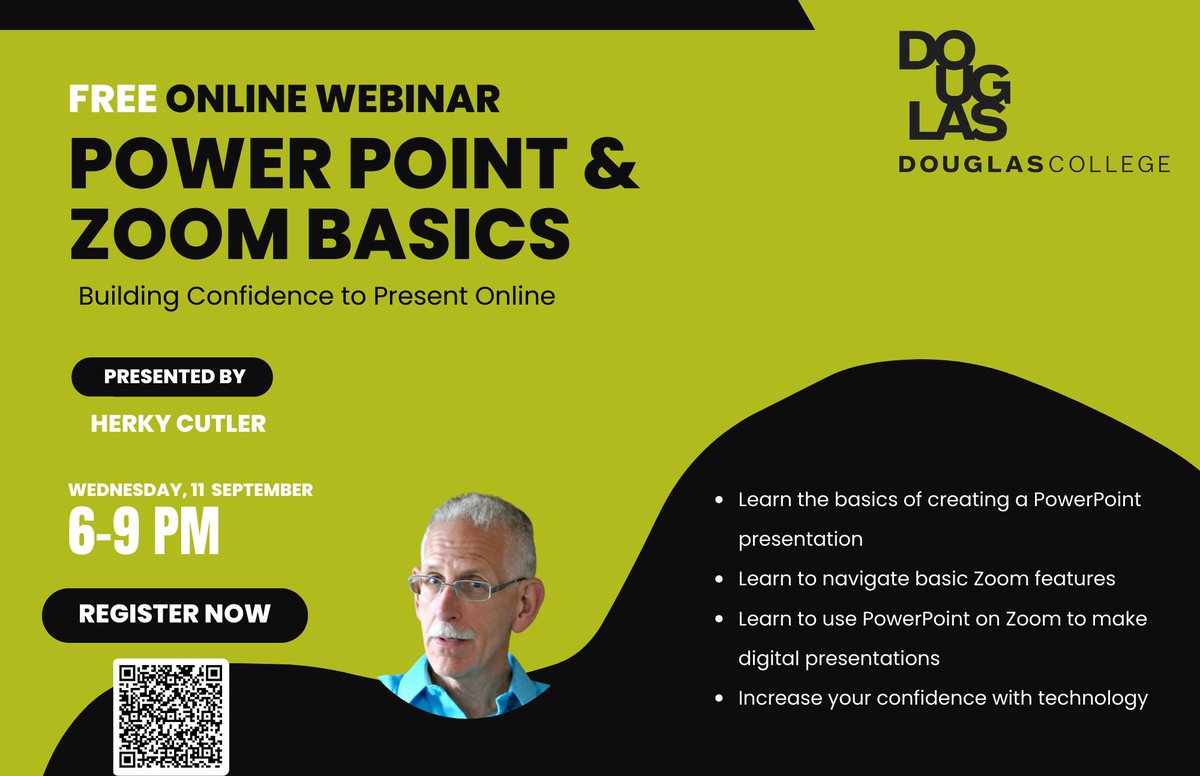 CdpCollege's tweet photo. Join us for a fully online basic skills class on PowerPoint and Zoom on September 11, 2024, 6pm-9pm. Scan the QR code to register. Hope to see you there! #onlineclass #Zoombasics #PowerPoint Learn your way anytime, anywhere! https://t.co/77edIpR3Bc