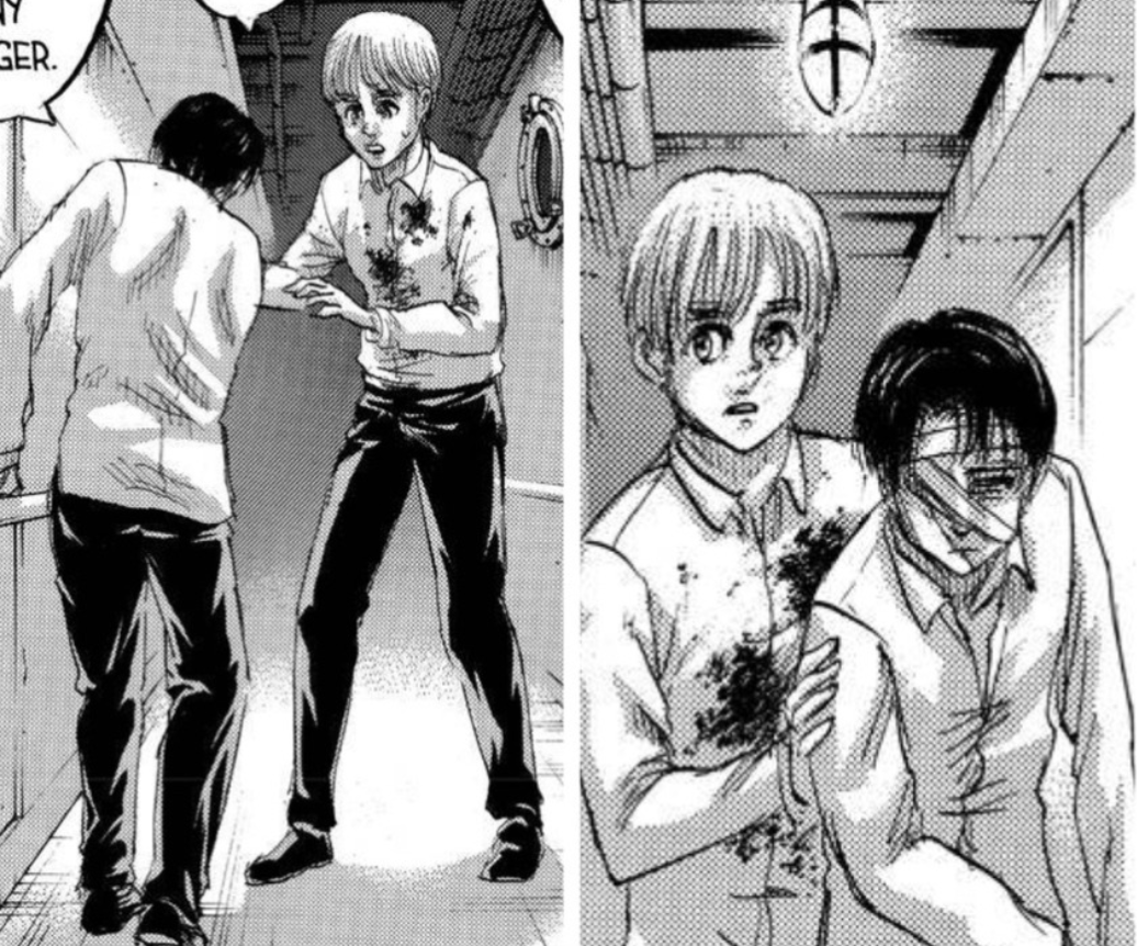sakamaoto_'s tweet photo. We don't talk about how selfless Levi was during the final battle enough. It's always nerfed jokes but the thing is, he was gravely injured days ago. He survived thanks to Hange's hardwork to keep him alive. But he wasn't able to stand up or walk. https://t.co/Pqs0a4NWrb