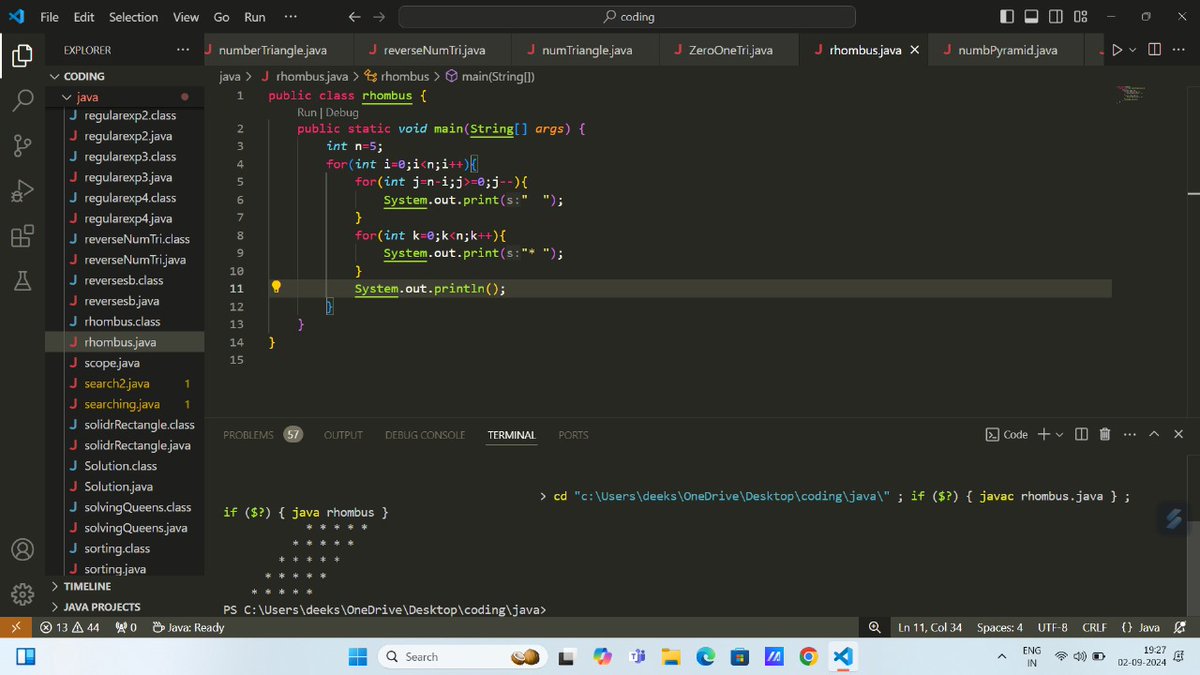 Dsagar110125's tweet image. 25th day of 25 days #javalearning
Today I revised the Oop concept
And some advance questions of pattern Printing