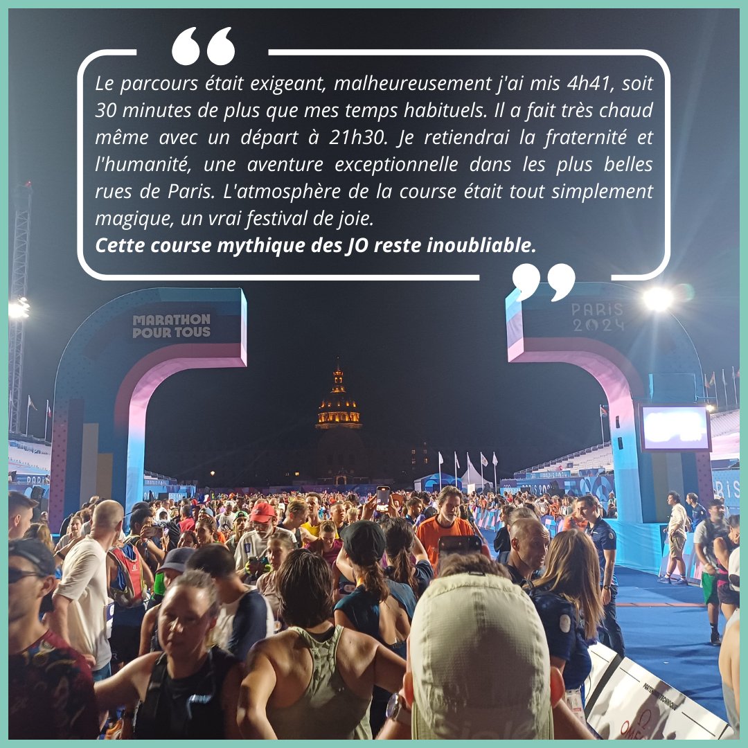 CH_Versailles's tweet photo. Après avoir terminé la course en 4h41 sous une chaleur accablante, elle raconte : "L'atmosphère était magique, un vrai festival de joie. Une aventure exceptionnelle dans les plus belles rues de Paris." https://t.co/Ie0Q5Rs8SP