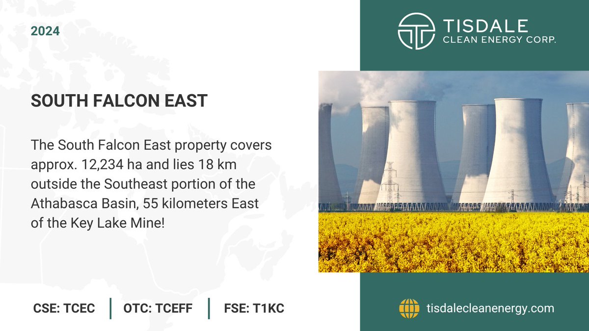 The South Falcon East property covers approx. 12,234 ha and lies 18 kilometers outside the Southeast portion of the Athabasca Basin, 55 kilometers East of the Key Lake Mine! ⚒️

Learn more about the project: tisdalecleanenergy.com/southfalconeast

$TCEC $TCEFF
#Uranium #Mining
