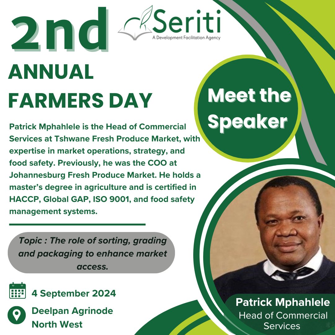 SeritiInstitute's tweet image. COUNTDOWN TO FARMERS DAY!
Only 2 days left!
Another amazing lineup of speakers!
Prepare for a day of impactful insights and valuable takeaways on September 4th!

#WorkLearnGrow #WLG #Seriti #2ndAnnualFarmersDay  #countdown #DeelpanAgriNode #agriculture  #sustainability #farming