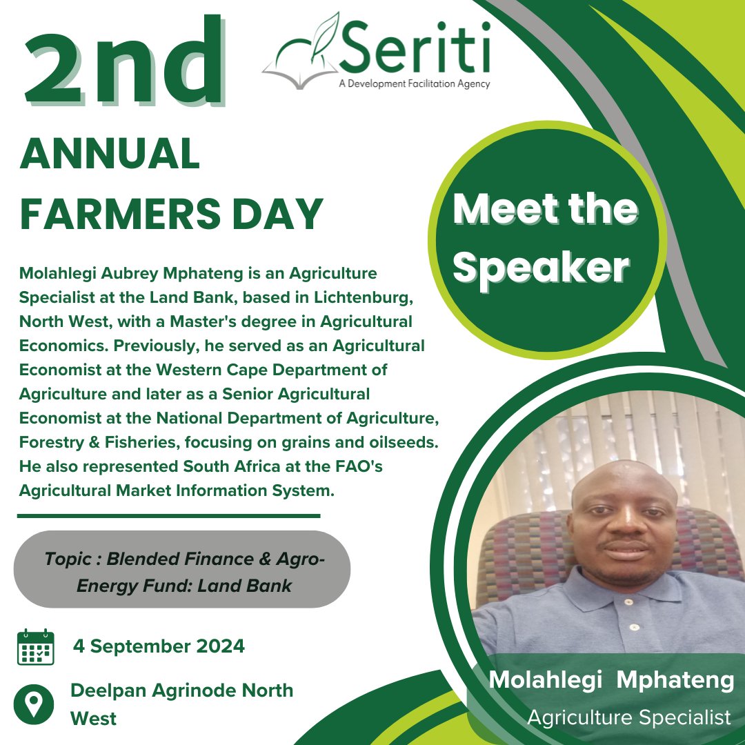 SeritiInstitute's tweet image. COUNTDOWN TO FARMERS DAY!
Only 2 days left!
Another amazing lineup of speakers!
Prepare for a day of impactful insights and valuable takeaways on September 4th!

#WorkLearnGrow #WLG #Seriti #2ndAnnualFarmersDay  #countdown #DeelpanAgriNode #agriculture  #sustainability #farming