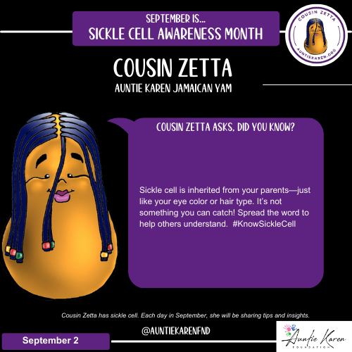 September is Sickle Cell Awareness Month.  Join the Auntie Karen Foundation's Cartoon Character Cousin Zetta each day in September.  Today's Sickle Cell Awareness Message...