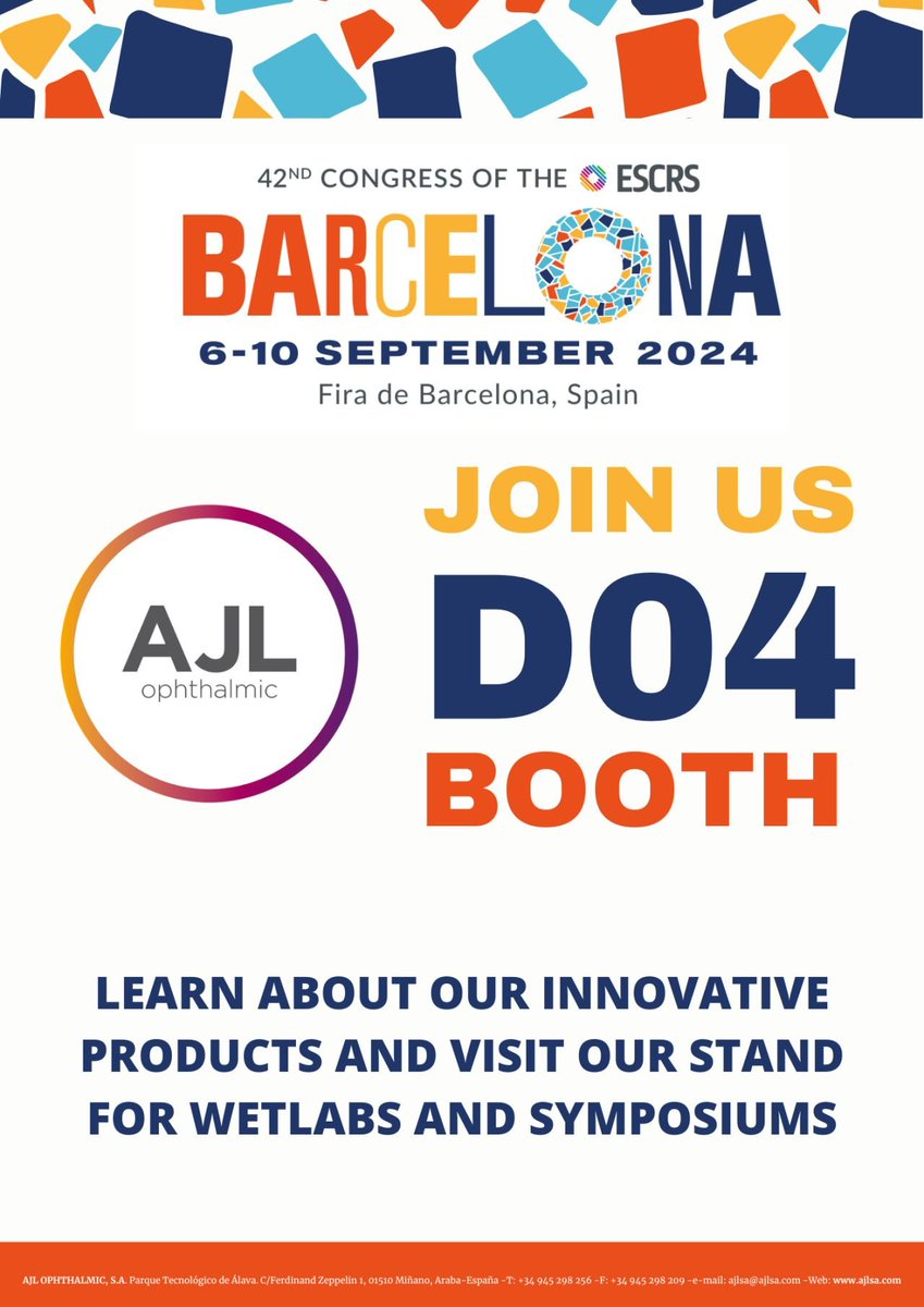 🔶COUNTDOWN FOR THE #ESCRS2024 IN BARCELONA!
Book your time for the meeting at our AJL Ophthalmic booth D04!
We will show our most innovative products!
And join us in our KERATOCONUS MEETING POINT! Would you need more information?
🎯marketing@ajlsa.com
Let’s meet there!