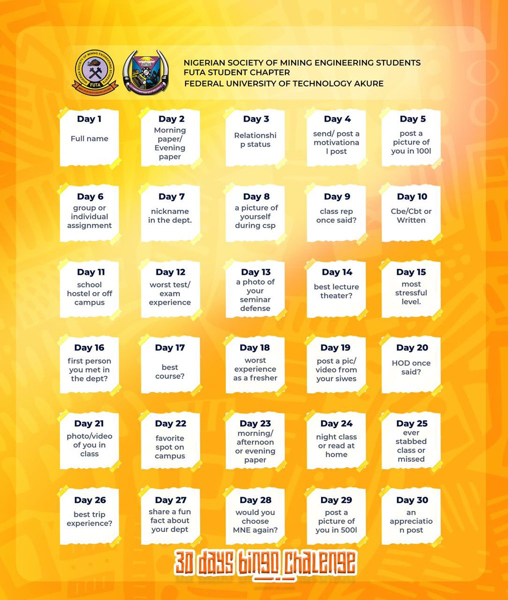 Mneclass23_'s tweet photo. Happy New Month Everyone 🎉🎉

In countdown to our final day as MNE Class’23 students, The FYB committee has created a fun *bingo* game for everyone to participate in. 

In the picture, are different days with different questions to answer for each and everyone……… https://t.co/sLoq6XQjma