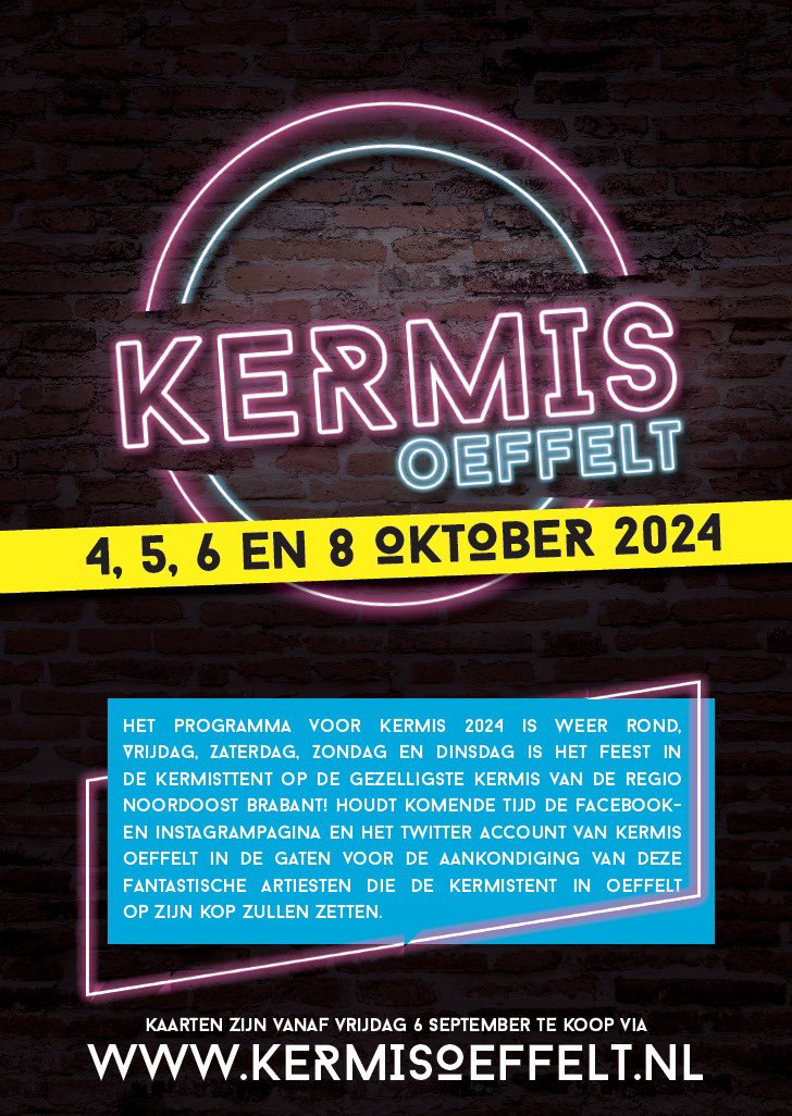 Feest in de Kermistent Oeffelt 2024 

Het is bijna zover! Deze week maken we de artiesten bekend die zullen optreden tijdens het grootste feest van het jaar. Zorg dat je erbij bent! 

De kaartverkoop start op 6 september om 18:00 uur. Wees er snel bij,want dit wil je niet missen!