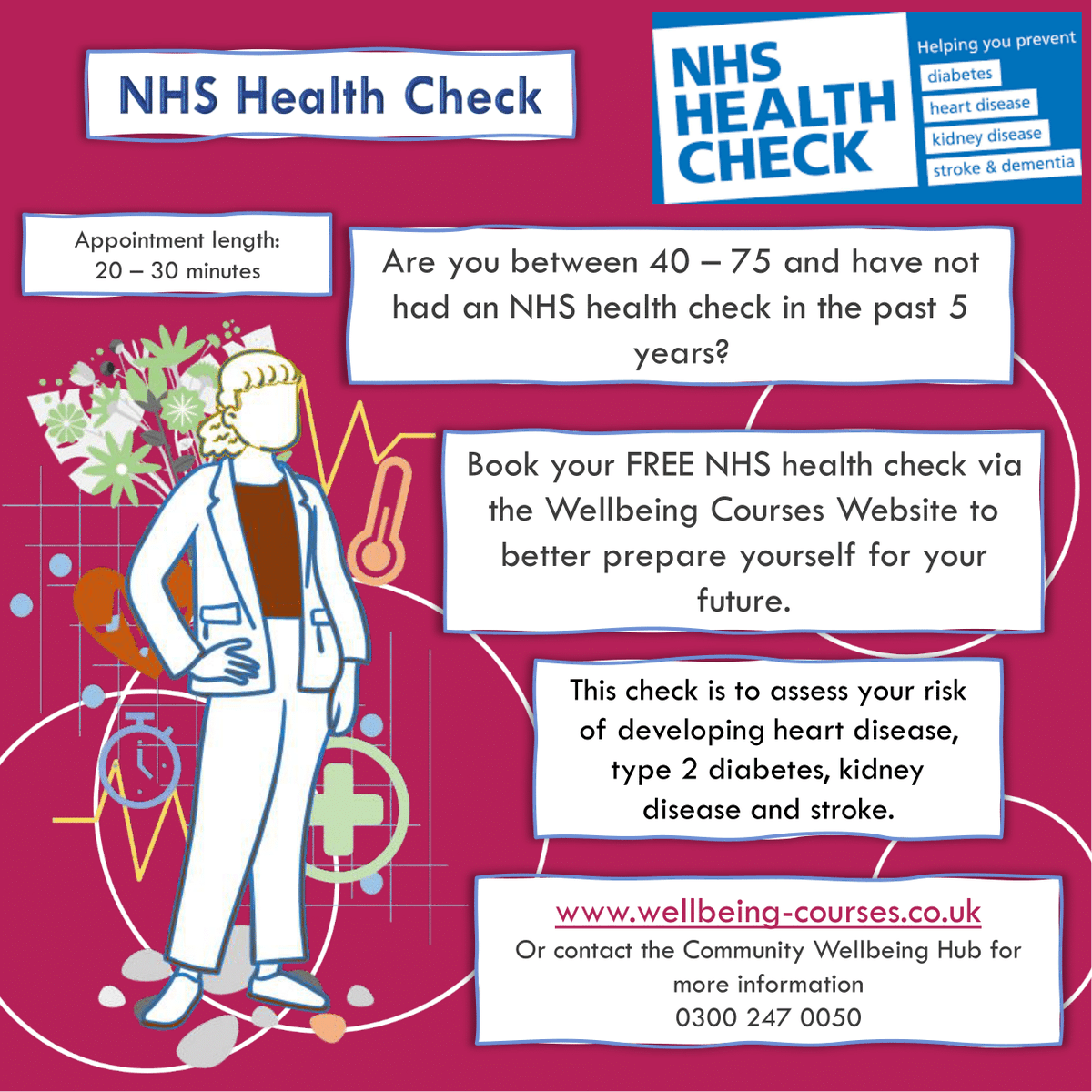 40-75? not had an NHS Health Check for 5 years? You can now book your FREE NHS Health Check on our Wellbeing Courses website. Go to filter events and look under Courses wellbeing-courses.co.uk <a href="/KeynshamCouncil/">Keynsham Town Council</a> <a href="/Better_bathnes/">Better B&NES</a> <a href="/bathnes/">B&NES Council</a>