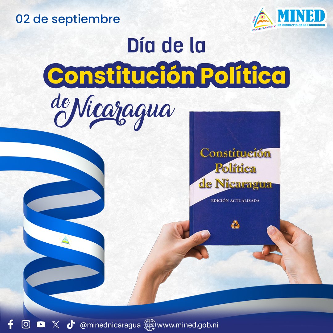 2 de septiembre | Día de la Constitución Política de #Nicaragua 🇳🇮

El primer lunes de septiembre celebramos el Día de la Constitución Política de Nicaragua, para garantizar que las familias y comunidades del país conozcan sus derechos, deberes, libertades y garantías.