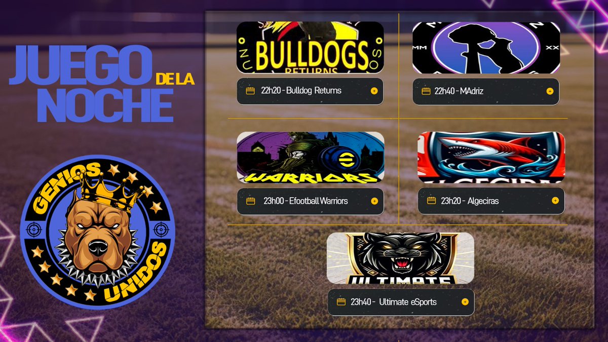 Genios Unidos (@aridanyd) on Twitter photo Macth Day de <a href="/Official_EVF/">Elite Virtual Football</a> partidos de liga de hoy <a href="/ReturnsBulldog/">Bulldog Returns</a> @madrizesports <a href="/AlgeciraeSports/">Algeciras eSports</a> @Warriors10vs10 <a href="/UltimateEsp17/">Ultimate Esports</a> ,suerte a nuestros rivales de hoy y las mayores de las suertes🤝 Macth Day de <a href="/Official_EVF/">Elite Virtual Football</a> partidos de liga de hoy <a href="/ReturnsBulldog/">Bulldog Returns</a> @madrizesports <a href="/AlgeciraeSports/">Algeciras eSports</a> @Warriors10vs10 <a href="/UltimateEsp17/">Ultimate Esports</a> ,suerte a nuestros rivales de hoy y las mayores de las suertes🤝