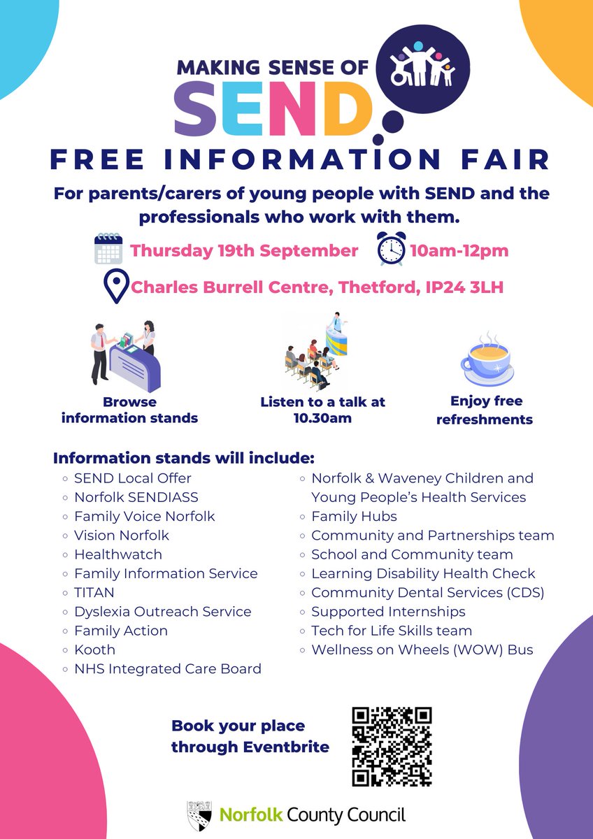 Making Sense of SEND is heading to Thetford next week!
Our free information fair gives you an opportunity to talk to a whole range of services and organisations who support people with SEND.
📆Thursday 19th September, 10am-12pm
📍 Charles Burrell Centre
eventbrite.co.uk/e/830094213137…