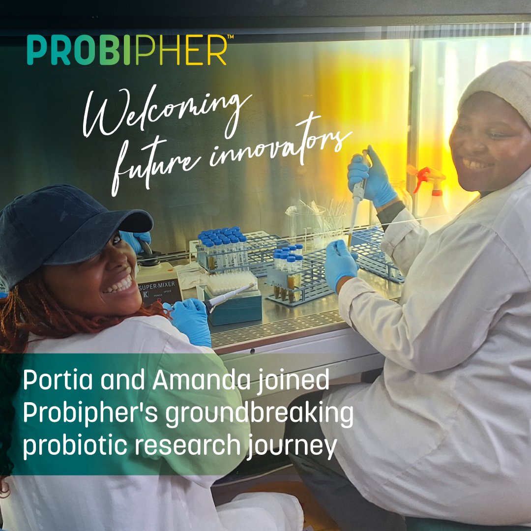 We're excited to welcome our newest Master’s research students, Portia and Amanda from CPUT! These bright minds are joining us as part of our exciting collaboration with CPUT, funded by the DTIC. #Probipher #Interns #Students #CPUT #DTIC #Research #Collaboration #Probiotics