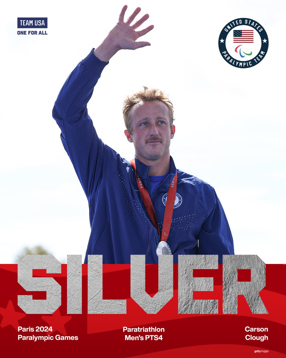 TeamUSA's tweet image. First Paralympic Games, FIRST MEDAL! 🥈

Carson Clough earns some well-deserved silver hardware in the paratriathlon men’s PTS4.

#ParisParalympics