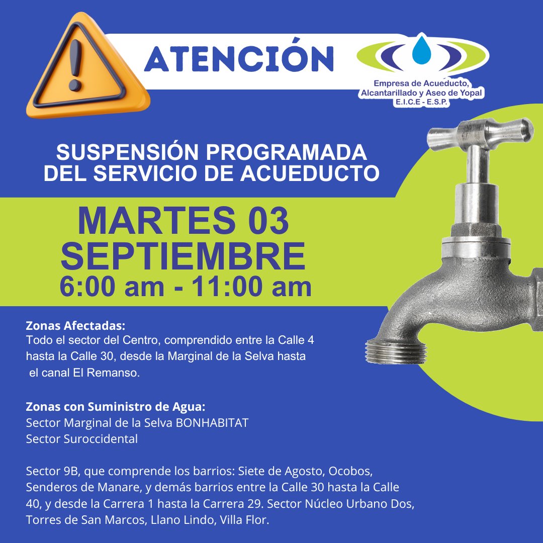 eaaayopal's tweet image. COMUNICADO A LA OPINIÓN PÚBLICA
SUSPENSIÓN PROGRAMADA DEL SERVICIO DE ACUEDUCTO
eaaay.gov.co/umbraco/previe…