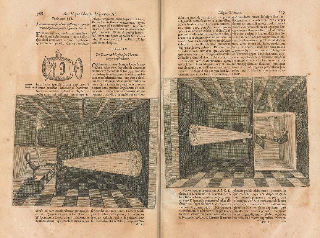 RealPreCinema's tweet photo. Huygens likely saw and probably had, a copy of #Athanasius Kircher’s ‘The Great Art of Light and Shadow’ from 1646.
The first edition had illustrations of the Double #Pinhole Camera Room, but no Magic Lantern as the 1671 edition had (below). https://t.co/YPF5HWcWgI
