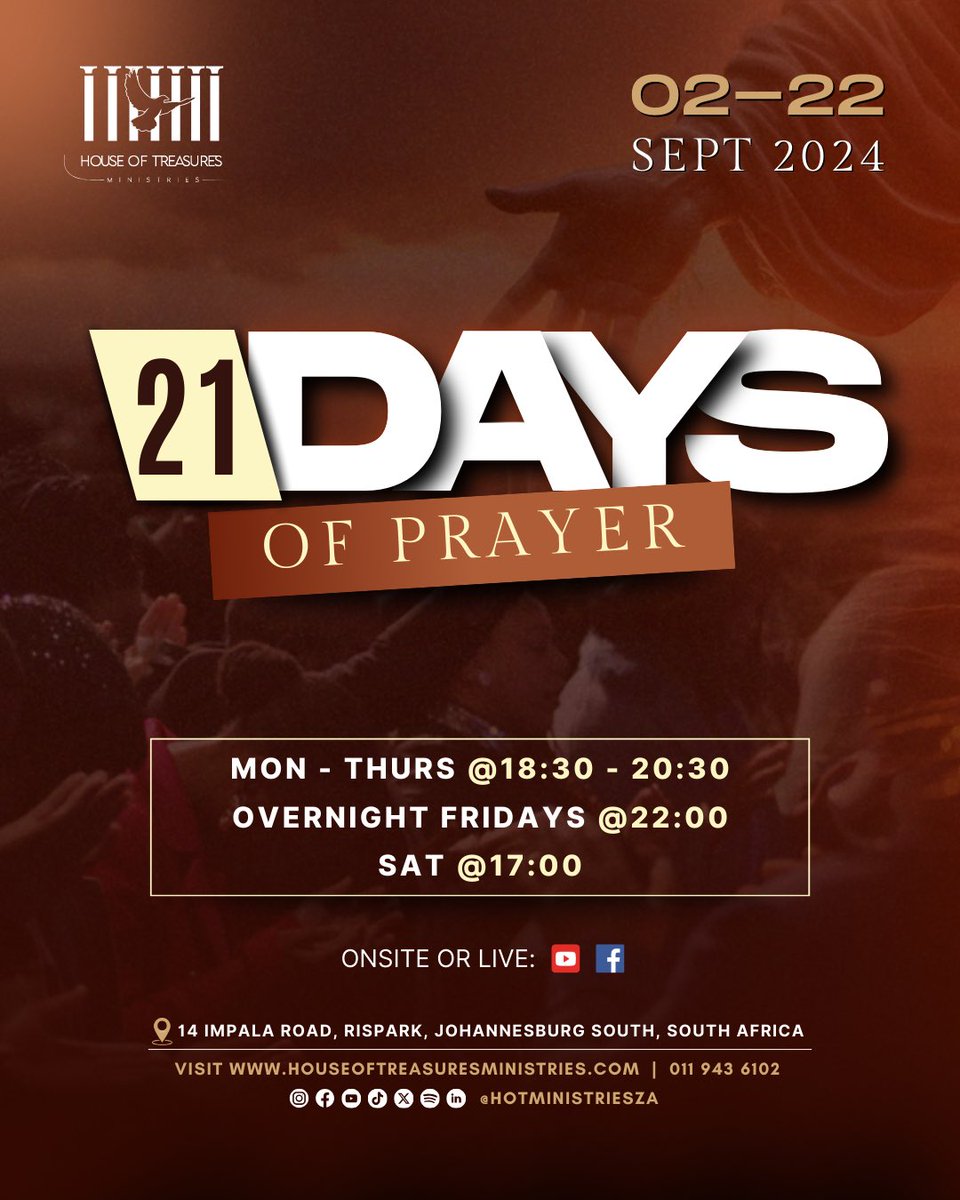 HoTMinistriesZA's tweet photo. 21 DAYS OF PRAYER 

Good afternoon saints. Let us all gather in the house of the Lord to honour him for the strength given to us during our #21DaysOfFasting 

#HOTMinistriesZa
#OwnershipConference24
#21DaysOfPrayer 
#GiantStrides https://t.co/l9ozjlcHeD