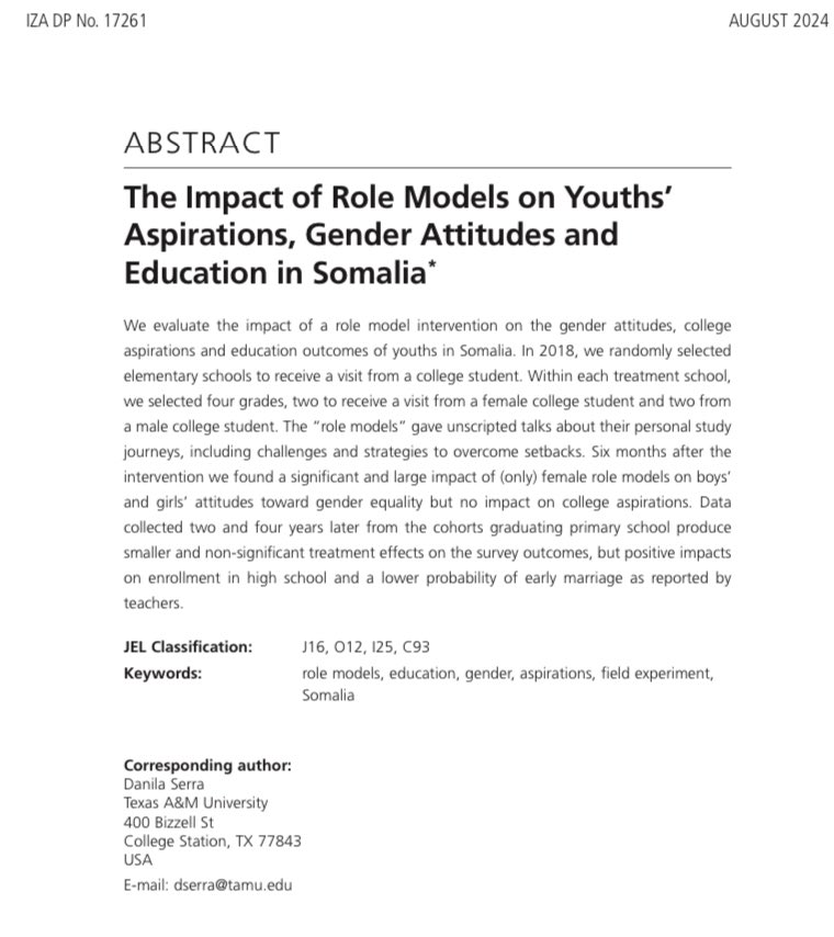 Danila Serra (@danilaserra_eco) on Twitter photo 🌟new IZA working paper 📣
“The impact of role models on youths’ aspirations, gender attitudes and education in Somalia”
With <a href="/KipkechElijah/">Elijah Kipkech</a> <a href="/EconCath/">Frau Prof. Dr. Catherine Porter</a> and Munshi Sulaiman
Now including our follow-up data (2- and 4-yr post role model intervention)
docs.iza.org/dp17261.pdf 🌟new IZA working paper 📣
“The impact of role models on youths’ aspirations, gender attitudes and education in Somalia”
With <a href="/KipkechElijah/">Elijah Kipkech</a> <a href="/EconCath/">Frau Prof. Dr. Catherine Porter</a> and Munshi Sulaiman
Now including our follow-up data (2- and 4-yr post role model intervention)
docs.iza.org/dp17261.pdf