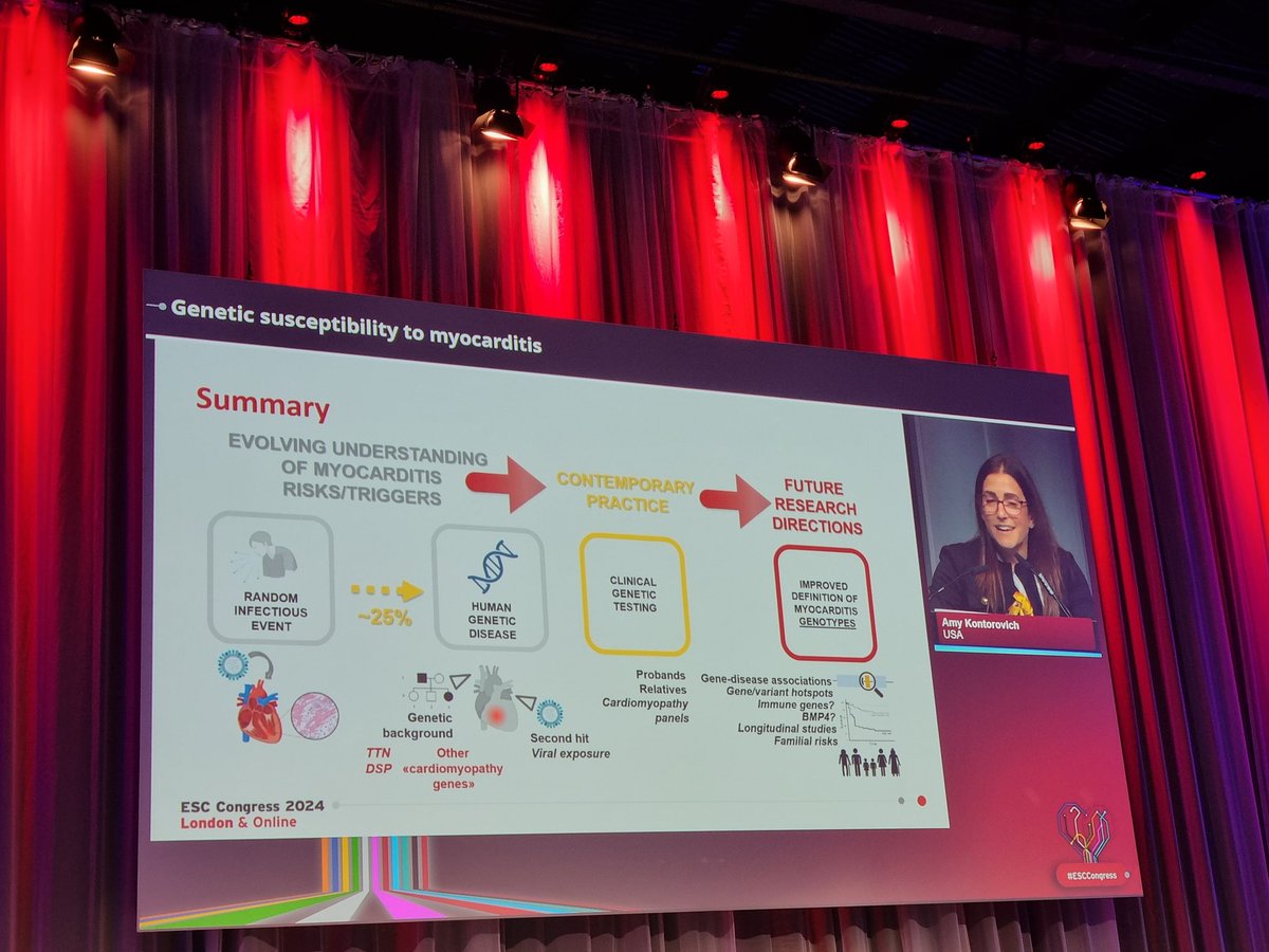 <a href="/GeneticHeartDoc/">Amy R. Kontorovich, MD, PhD</a>'s presentation at #ESCCongress regarding genetic susceptibility to #myocarditis 🧬 TTN and DSP variants are prevalent among patients with acute myocarditis and significant overlap is seen with DCM and ACM 🚩 <a href="/KristinaHaugaa/">Kristina  Haugaa</a> <a href="/MondaEmanuele/">Emanuele Monda</a> <a href="/CrottiLia/">Lia Crotti</a>