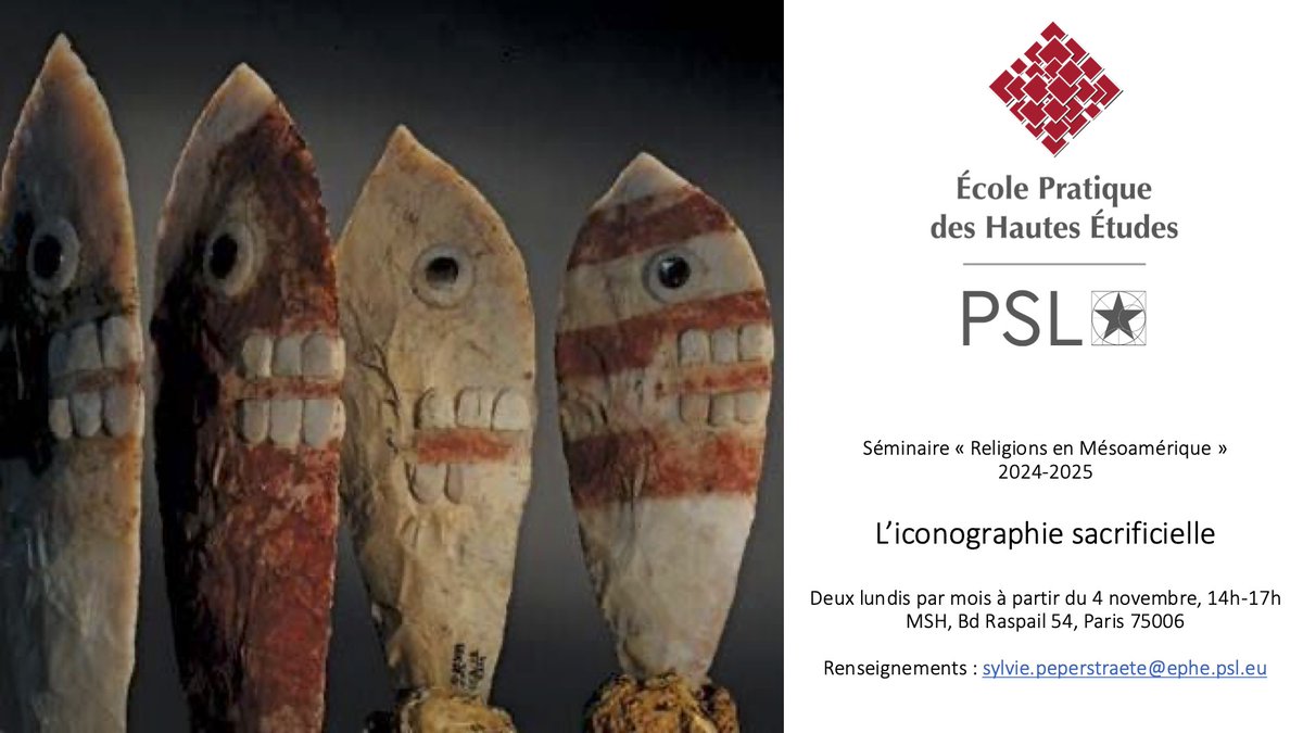 La rentrée approche à grands pas, et bientôt nous nous retrouverons à l'<a href="/EPHE_PSL/">École Pratique des Hautes Études - PSL</a> pour la reprise du séminaire "religions en Mésoamérique" !

Nous poursuivrons nos travaux de l'année dernière sur l'iconographie sacrificielle.

Etudiants et auditeurs sont les bienvenus 😊