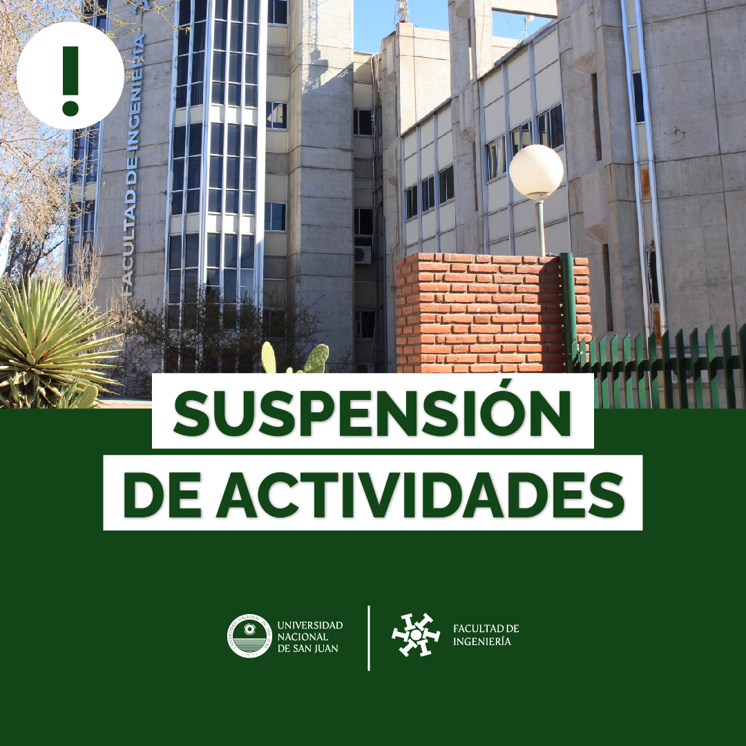 𝗦𝗨𝗦𝗣𝗘𝗡𝗦𝗜Ó𝗡 𝗗𝗘 𝗔𝗖𝗧𝗜𝗩𝗜𝗗𝗔𝗗𝗘𝗦 𝗘𝗡 𝗟𝗔 𝗙𝗜 𝗔 𝗣𝗔𝗥𝗧𝗜𝗥 𝗗𝗘 𝗟𝗔𝗦 𝟏𝟑:𝟎𝟎
Durante la jornada de hoy, lunes 2 de septiembre, se suspenden las 𝐚𝐜𝐭𝐢𝐯𝐢𝐝𝐚𝐝𝐞𝐬 académicas y administrativas a partir de las 13:00 h, debido al alerta por viento Zonda.