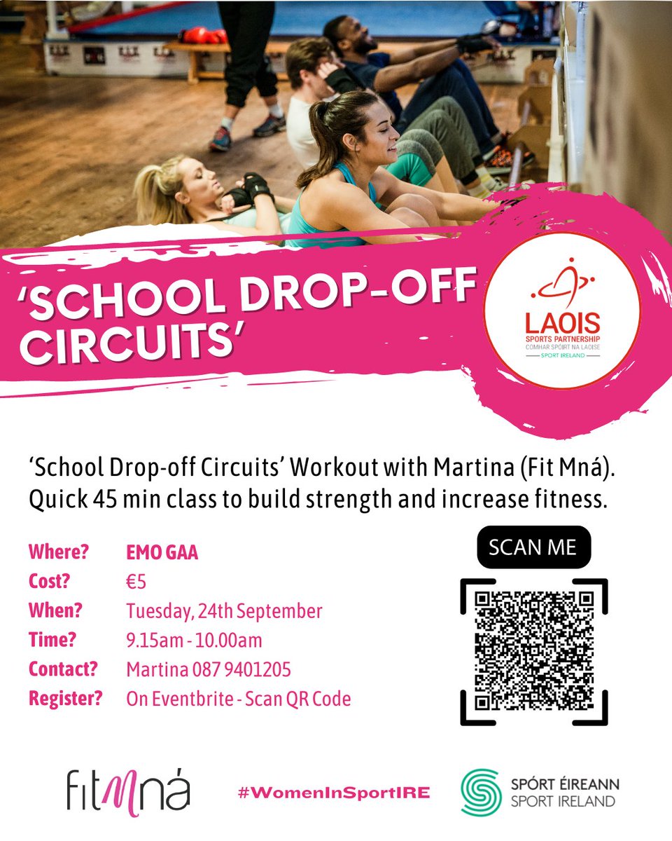 𝐒𝐂𝐇𝐎𝐎𝐋 𝐃𝐑𝐎𝐏 𝐎𝐅𝐅 𝐂𝐈𝐑𝐂𝐔𝐈𝐓𝐒 ⭐
‘School Drop-off Circuits’ Workout with Martina (Fit Mná).
Quick 45 min class to build strength and increase fitness.

Register? On Eventbrite: eventbrite.ie/e/100506377179…