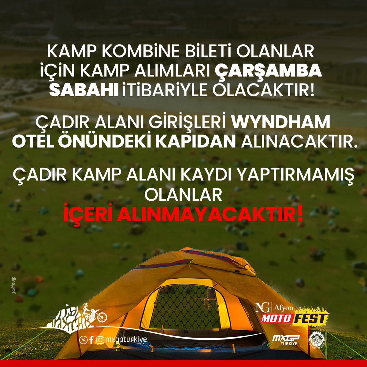 Kamp Bileti İçin Kamp Alımları Çarşamba Sabahı İtibariyle Olacaktır. Çadır Alanı Girişleri Wyndham Otel Önündeki Kapıdan Alınacaktır. Çadır Kamp Alanı Kaydı Yaptırmamış Olanlar İçeri Alınmayacaktır! Bio’daki Linkten Çadır Kamp Alanı Formunu Doldurup, Kaydınızı Tamamlayabilirsiniz