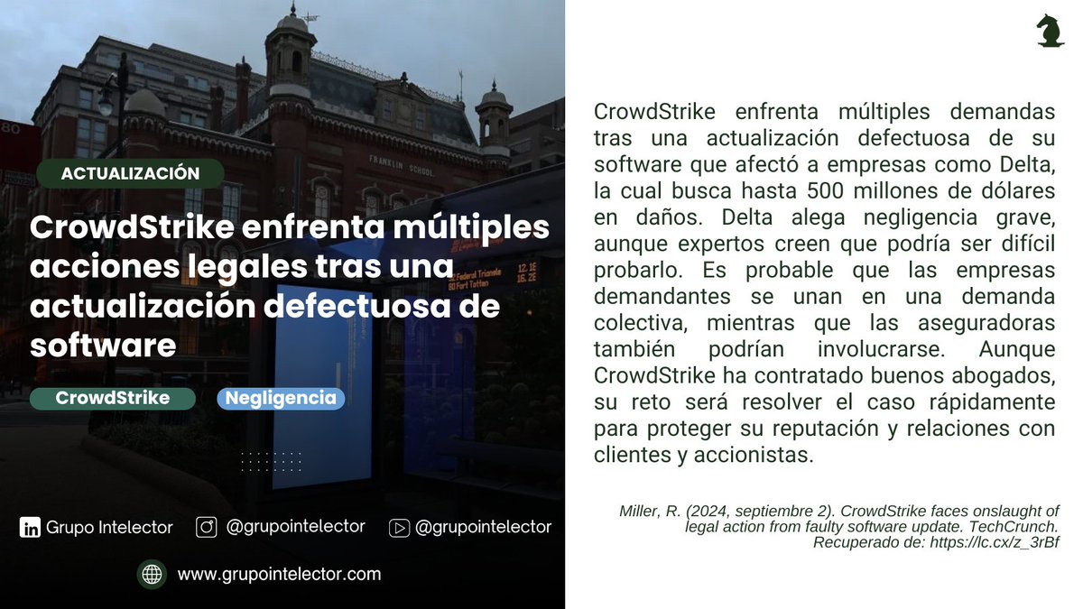 GIntelector's tweet image. CrowdStrike enfrenta demandas millonarias tras una actualización defectuosa que impactó a empresas globalmente. 🔍💻 
Lee la nota completa: lc.cx/z_3rBf
#Ciberseguridad #Tecnología #Intelector