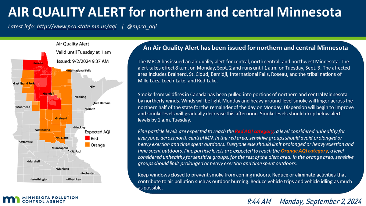 AIR QUALITY ALERT issued due to wildfire smoke. More info at pca.state.mn.us/air-water-land…. #aqi #mnwx