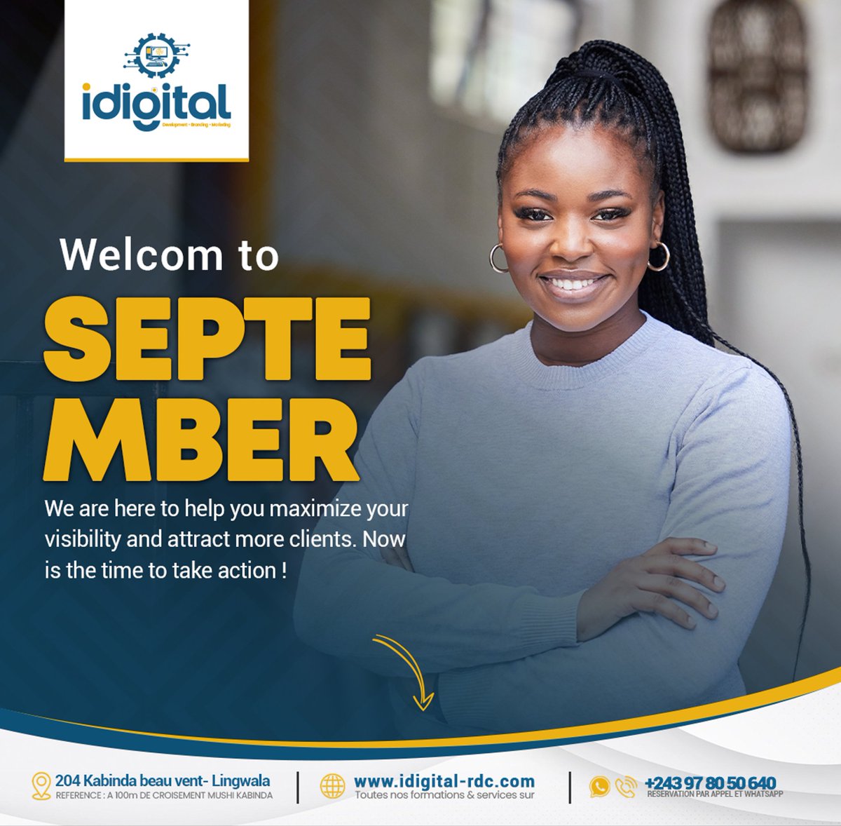 WELCOM TO SEPTEMBER

We are here to help you maximize your visibility and attract more clients. 

Now is the time to take action! 

#BoostDigital #NewMonthStart"