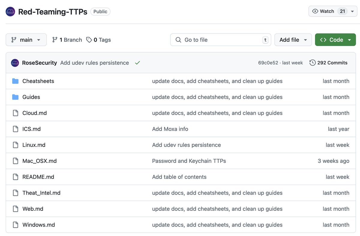 😈 Red Teaming TTPs

Useful techniques, tactics, and procedures for red teamers and defenders

Cheatsheets and guides

Covering: cloud, ICS, Linux, Mac OS, threat intel, web, Windows, and more.

github.com/RoseSecurity/R…