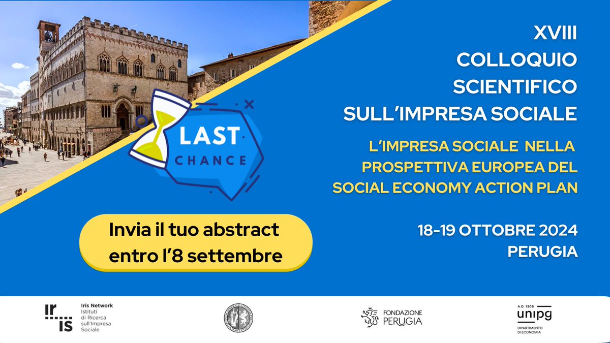 🔔Ultimissima chiamata per partecipare al XVIII Colloquio Scientifico sull’impresa sociale🔔

Non perdere questa preziosa occasione di confronto, invia il tuo abstract entro l’8 settembre 2024!

👉Leggi qui la Call for Papers: bit.ly/3LU4YvL