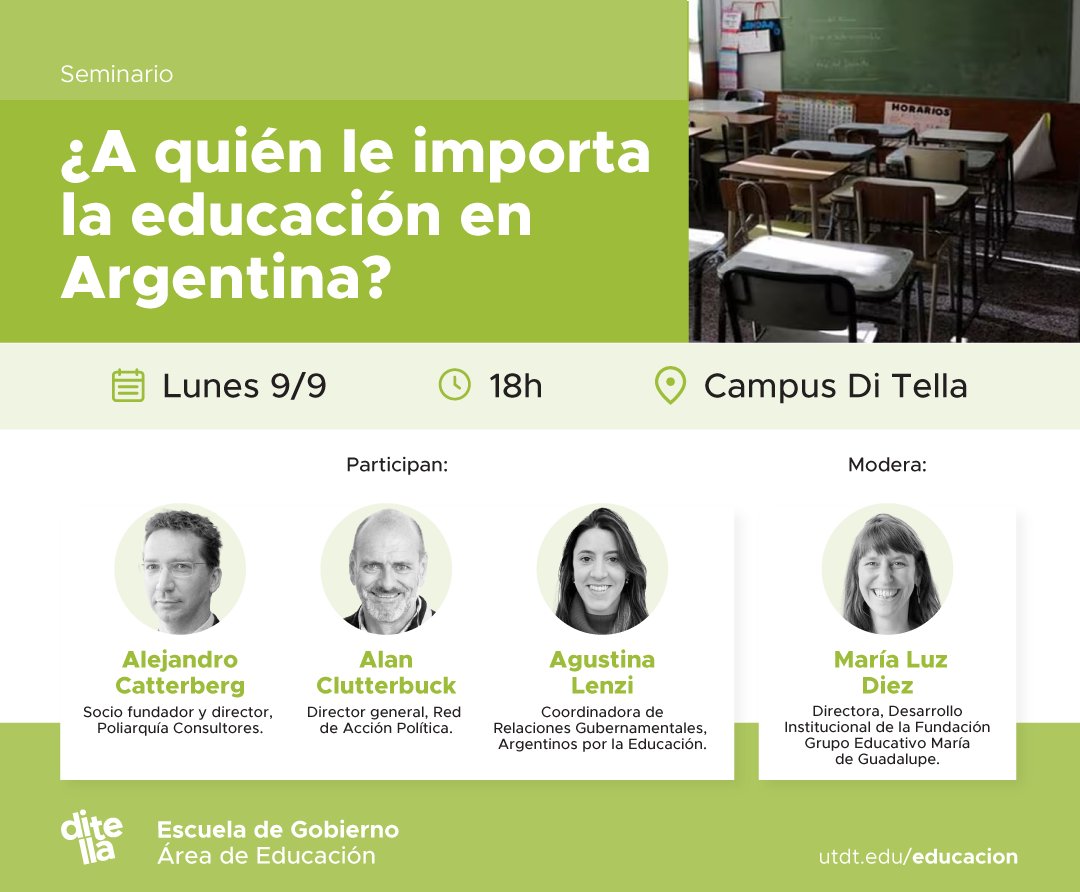Universidad Torcuato Di Tella (@utditella) on Twitter photo El Área de Educación de <a href="/UTDT_Gobierno/">UTDT Gobierno</a> invita a este seminario a cargo de Alejandro Catterberg (<a href="/Poliarquia_/">Poliarquía Consultores</a>), <a href="/alanclutter/">Alan Clutterbuck</a> (Red de Acción Política) y <a href="/agus_lenzi/">Agustina Lenzi</a> (<a href="/ArgxEdu/">Argentinos por la Educación</a>). Modera: María Luz Diez (<a href="/mra_guadalupe/">Fundación Grupo Educativo María de Guadaluoe</a>). Inscripción acá: bit.ly/3MyXm1K El Área de Educación de <a href="/UTDT_Gobierno/">UTDT Gobierno</a> invita a este seminario a cargo de Alejandro Catterberg (<a href="/Poliarquia_/">Poliarquía Consultores</a>), <a href="/alanclutter/">Alan Clutterbuck</a> (Red de Acción Política) y <a href="/agus_lenzi/">Agustina Lenzi</a> (<a href="/ArgxEdu/">Argentinos por la Educación</a>). Modera: María Luz Diez (<a href="/mra_guadalupe/">Fundación Grupo Educativo María de Guadaluoe</a>). Inscripción acá: bit.ly/3MyXm1K