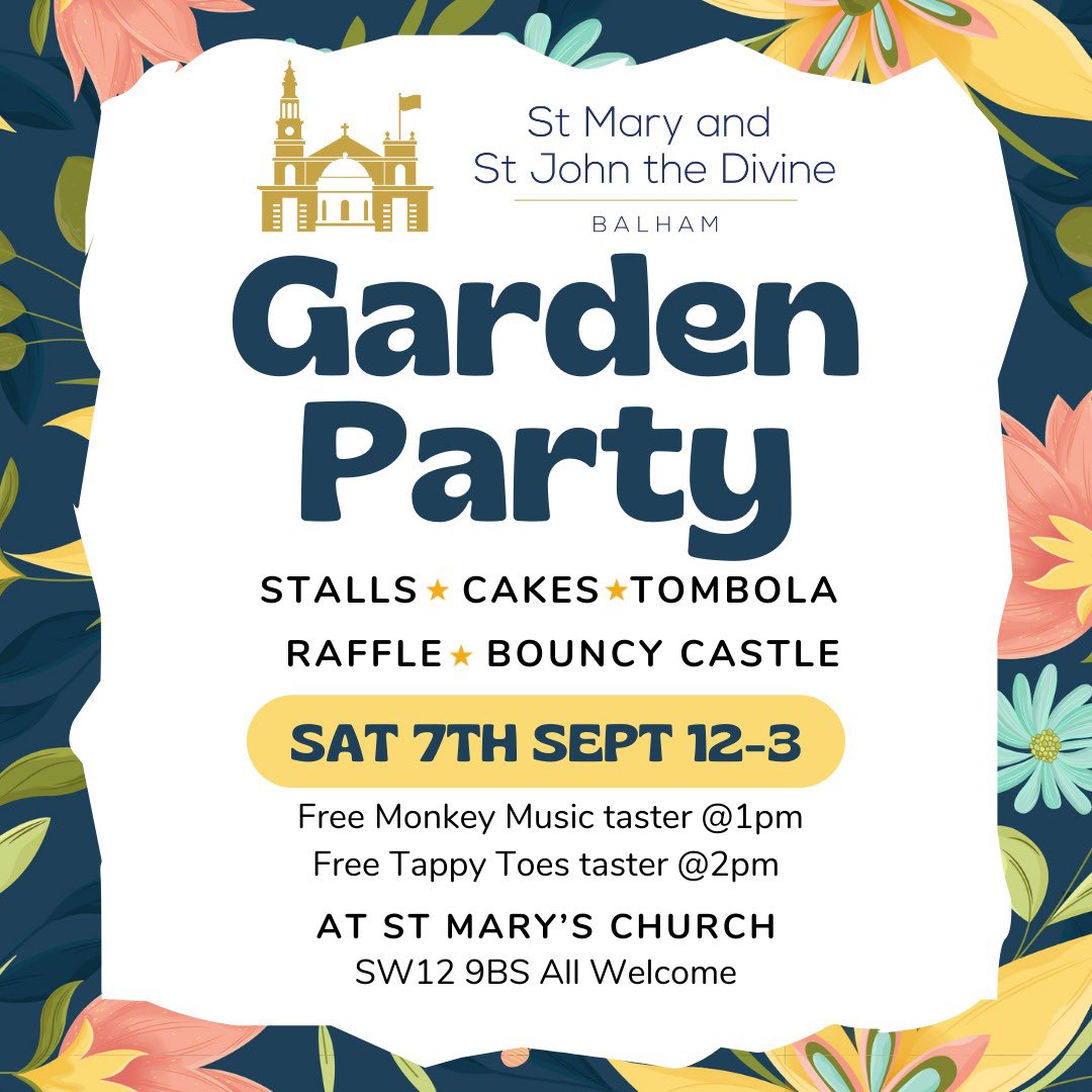 Trinity St Mary's (@tsmbalham) on Twitter photo Please do join <a href="/stmarybalham/">St Mary's Balham</a> for their annual garden party
Activities for all ages throughout the afternoon
Scrumptious homemade cakes
Bouncy castle
Free professional music and dance sessions for under 5s at 1pm and 2pm
#TSMFamily Please do join <a href="/stmarybalham/">St Mary's Balham</a> for their annual garden party
Activities for all ages throughout the afternoon
Scrumptious homemade cakes
Bouncy castle
Free professional music and dance sessions for under 5s at 1pm and 2pm
#TSMFamily