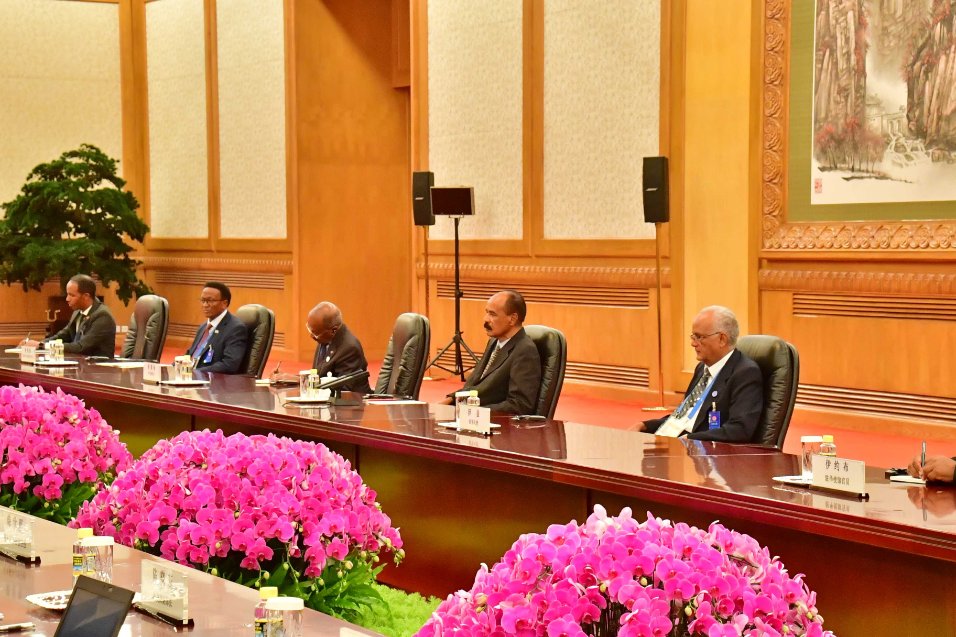 hawelti's tweet photo. President Isaias Afwerki met this afternoon with his host, President Xi Jinping, at the Great Hall of the People, for extensive discussions on consolidation of bilateral ties & other matters of mutual interest.

Underlining that the world is undergoing through a vital phase of transition which has engendered an earnest global quest for viable and enduring solutions, President Isaias indicated that China can potentially play a decisive role in the crystallization of the new dispensation on account of the exponential and all-rounded growth that it has achieved in the past decades.

President Isaias further expressed the hope that China's preeminent role would be appropriately leveraged in promoting cooperation and partenerships to the benefits of the countries and peoples of the world.

President Xi Jinping for his parts expressed his appreciation/gratitude for the participaton of President Isaias at the 9th FOCAC Summit and reiterated China's commitment to further enhance its solid and strong ties of cooperation with Eritrea.