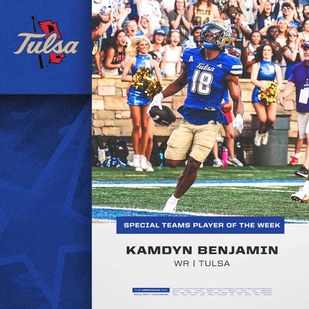 𝐒𝐩𝐞𝐜𝐢𝐚𝐥 𝐓𝐞𝐚𝐦𝐬 𝐏𝐥𝐚𝐲𝐞𝐫 𝐨𝐟 𝐭𝐡𝐞 𝐖𝐞𝐞𝐤 🏈

Kamdyn Benjamin x <a href="/TulsaFootball/">Tulsa Football</a> 

#AmericanWay x #AmericanFB